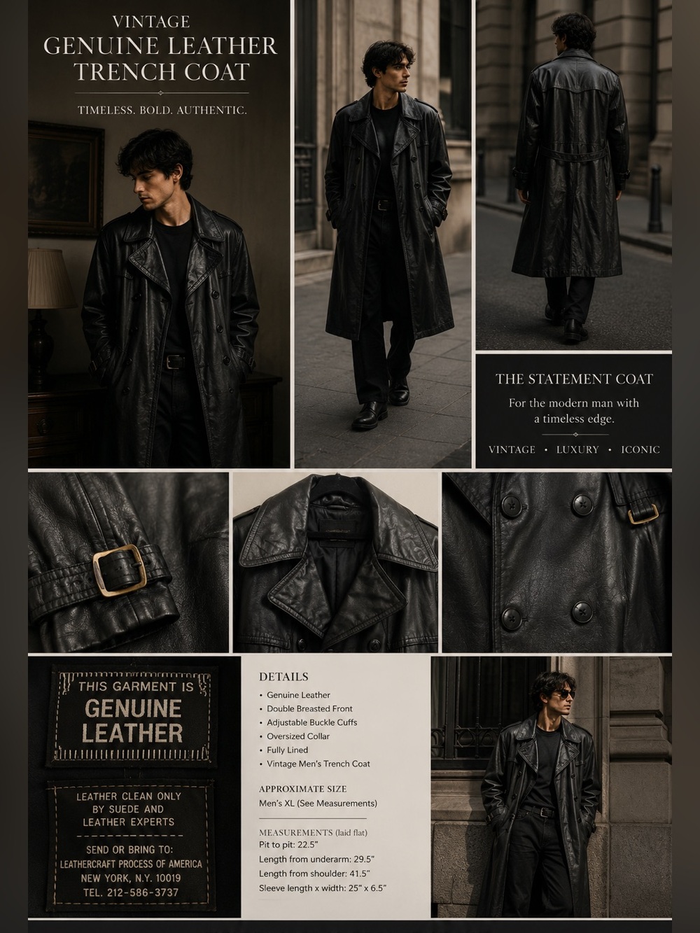 Vintage Genuine Leather Trench Coat Men’s XL Black Long Coat